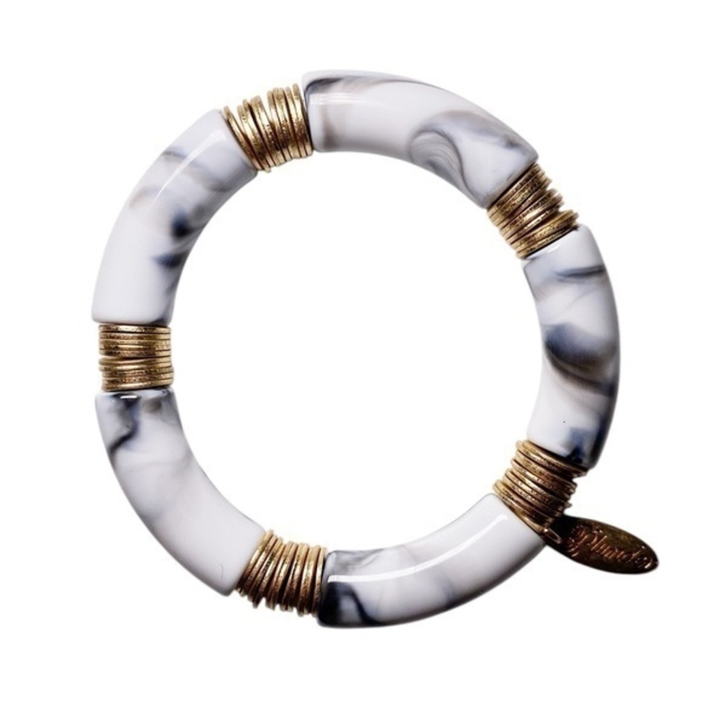 Plunder Laurie White Marble Macaroni Stretch Bracelet